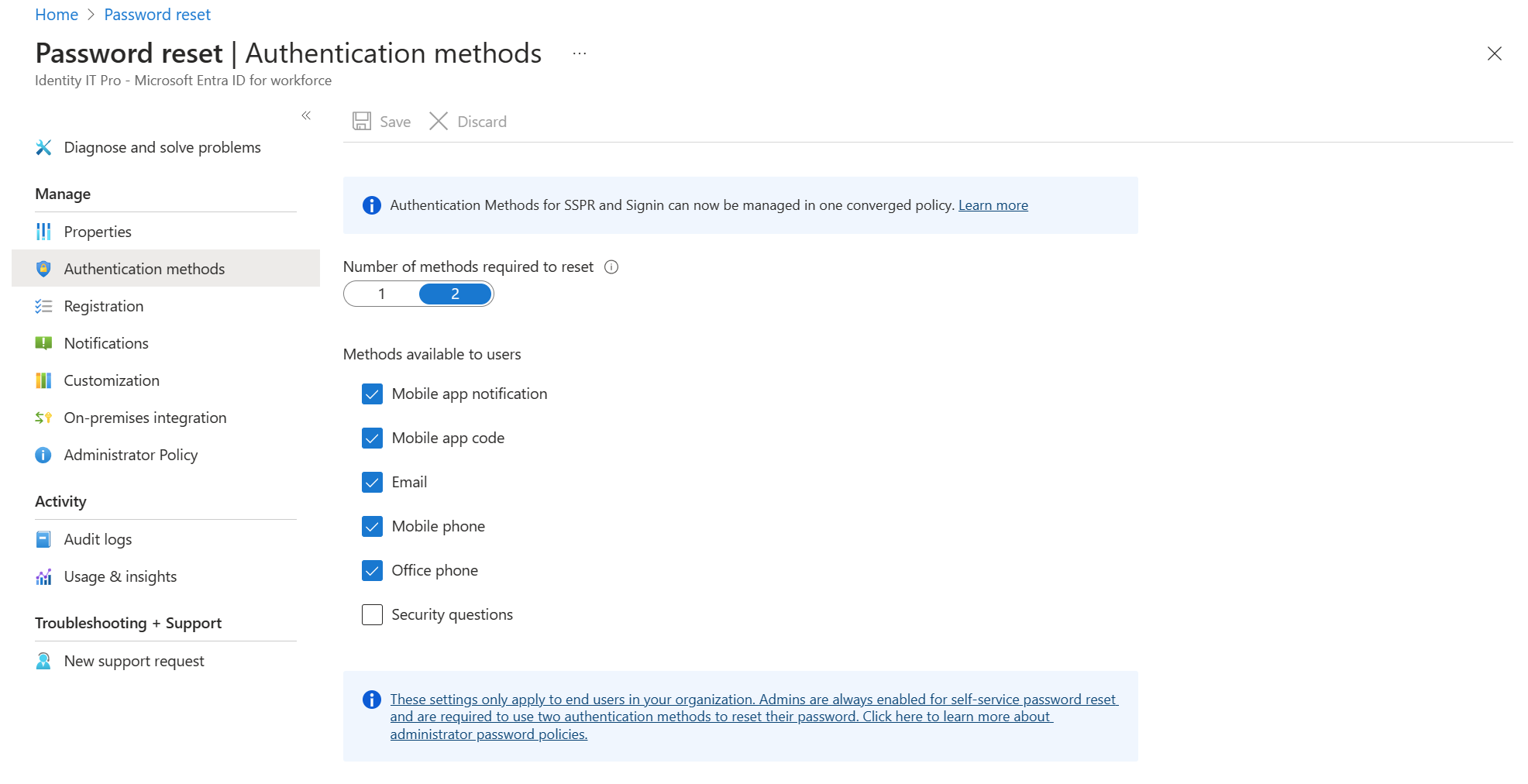 Screenshot of password reset settings.