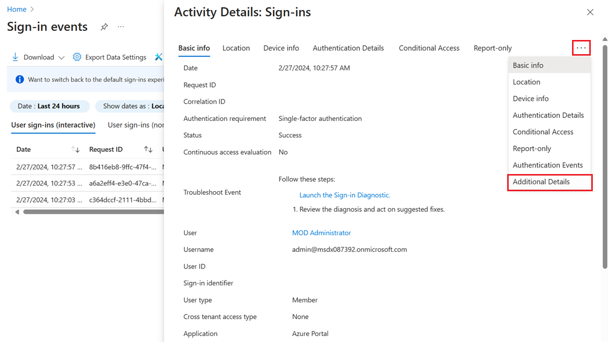 Screenshot of multifactor additional details in the sign-in logs.