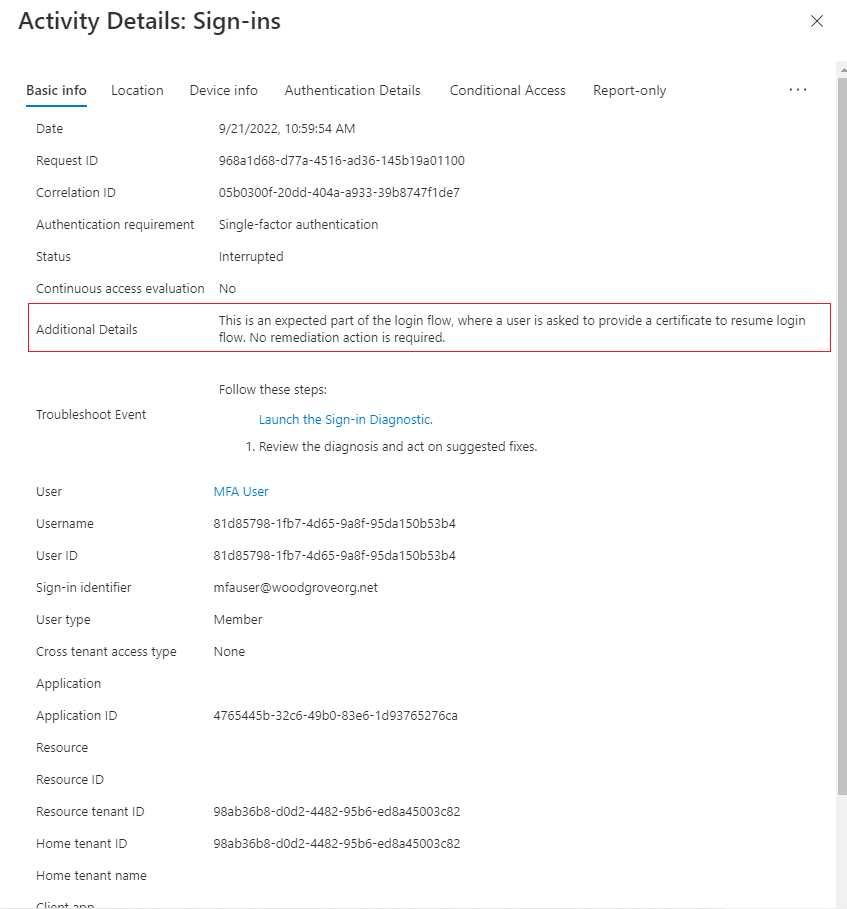 Screenshot of second-factor sign-in details in the sign-in logs.