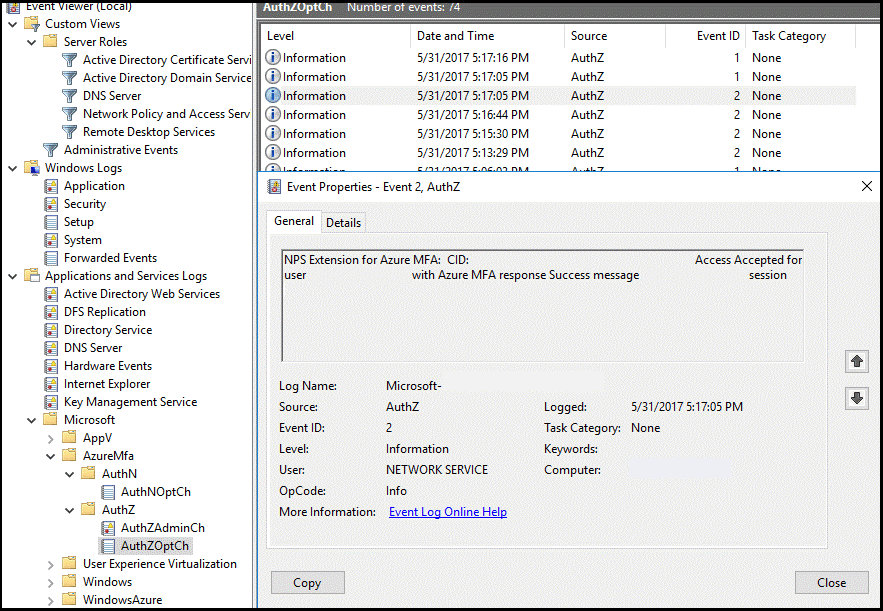 Event Viewer AuthZ application logs