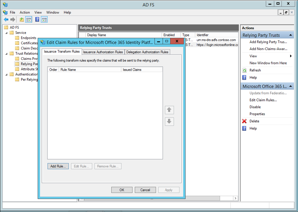 Edit transform rules in the ADFS console