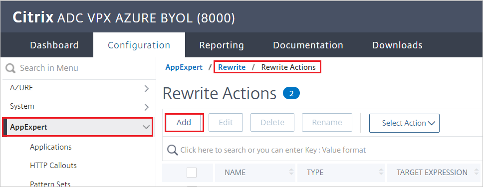 Citrix ADC configuration - Rewrite Actions pane