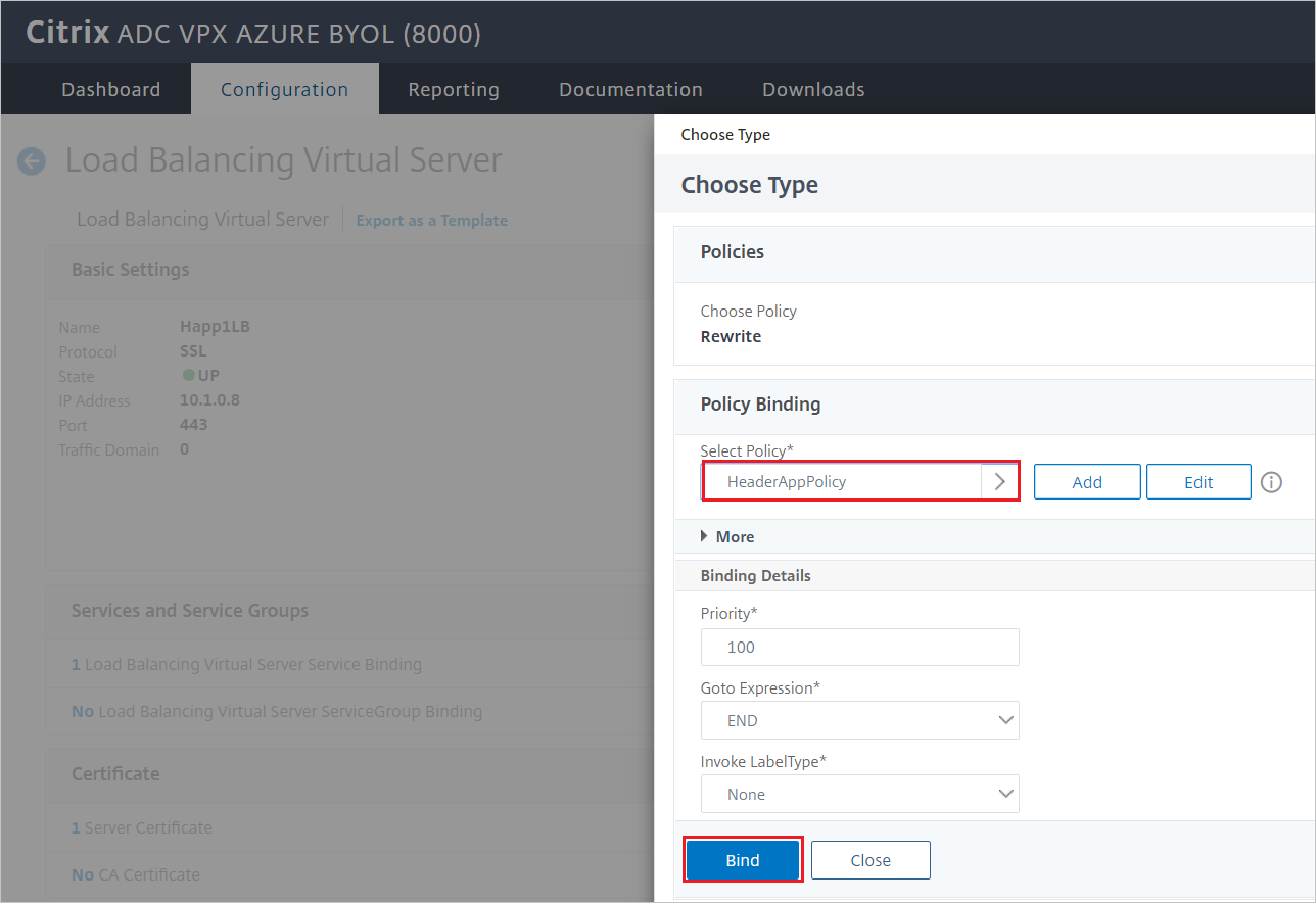 Citrix ADC configuration - Load Balancing Virtual Server Traffic Policy Binding pane