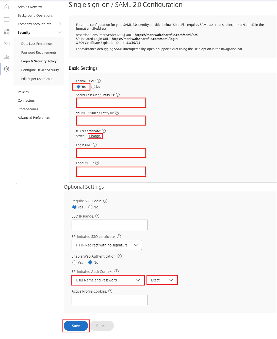 Single sign-on Screenshot shows the Single sign-on page.