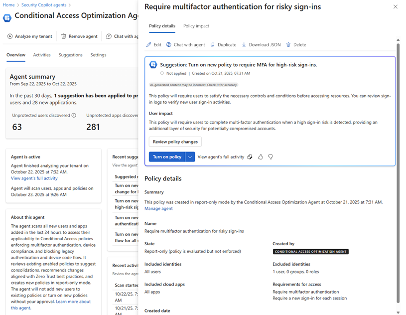 Screenshot of the agent with the policy suggestion details open.
