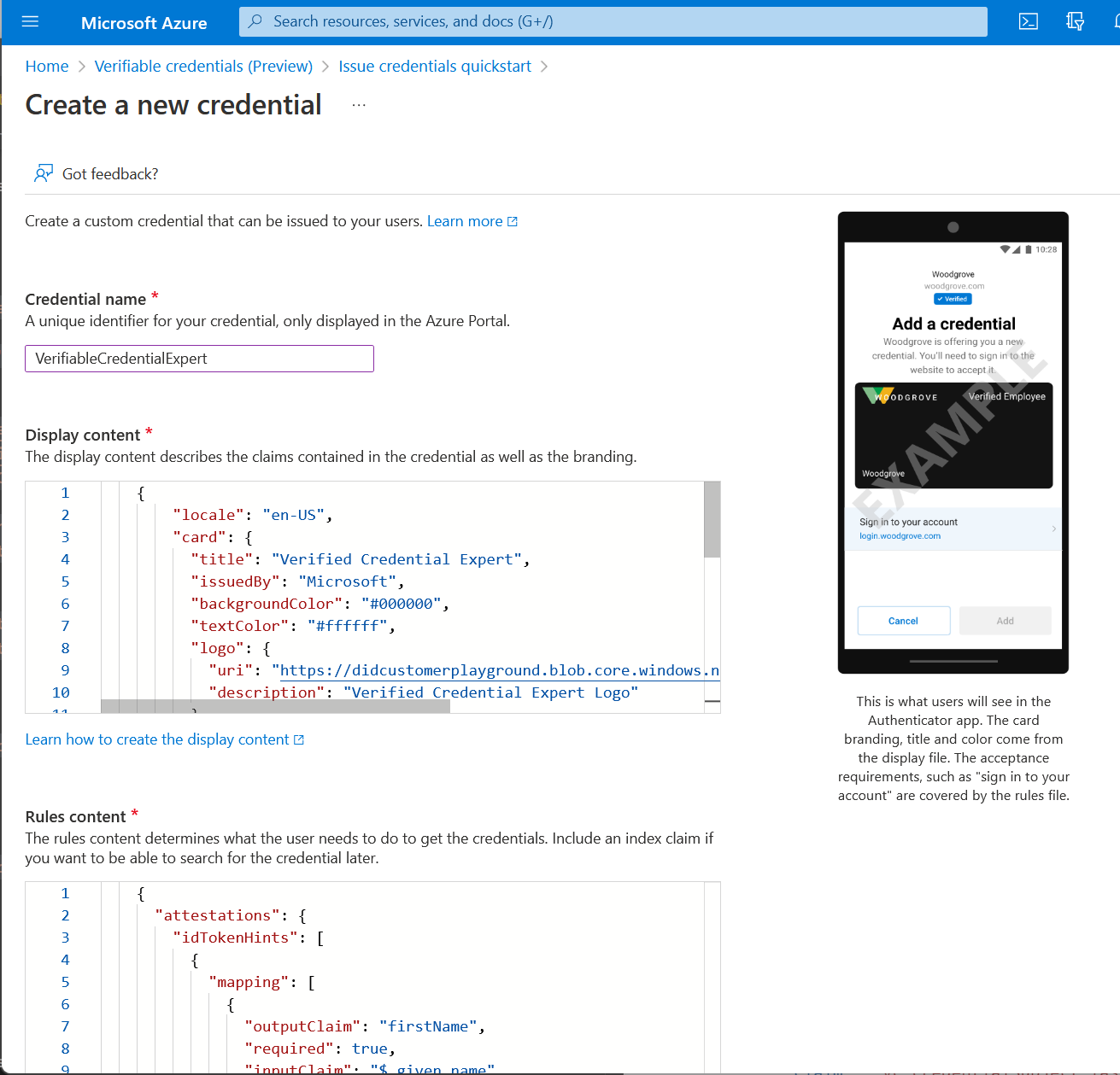 Screenshot that shows how to create a new credential.