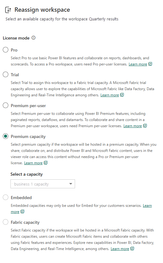 Screenshot showing the Reassign workspace license modes pane.