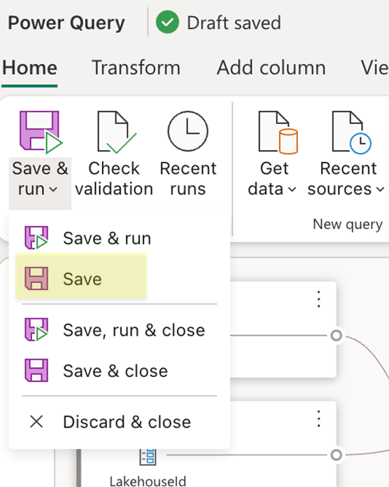 Screenshot of the dataflow save button.