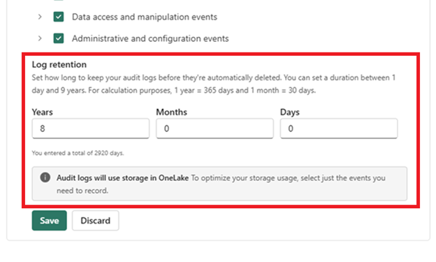Screenshot from the Fabric portal of the Log retention options.