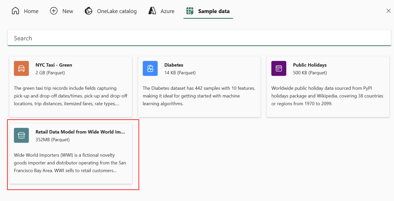 Screenshot from the Fabric portal of the Sample Data page. The Retail Data model is selected.