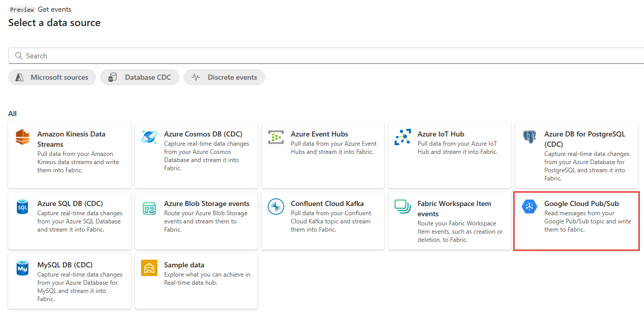 Screenshot that shows the Select a data source page with Google Cloud Pub/Sub selected.