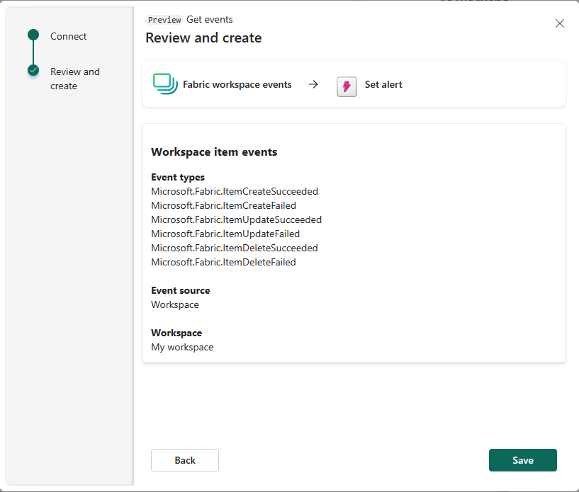 Screenshot that shows the Review and create page in the Get events wizard for Fabric workspace item events.