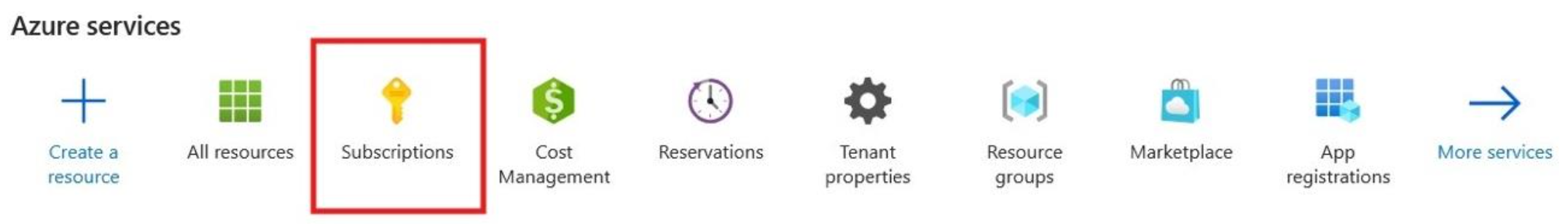 Screenshot that shows the Azure services page icons, with Subscriptions highlighted.