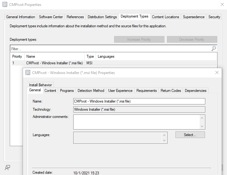 CMPivot app and deployment type property pages.