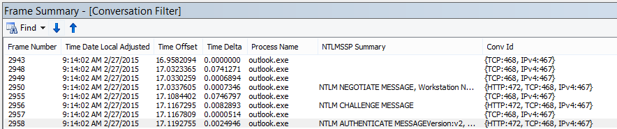 Netmon trace showing proxy authentication, filtered by conversation.