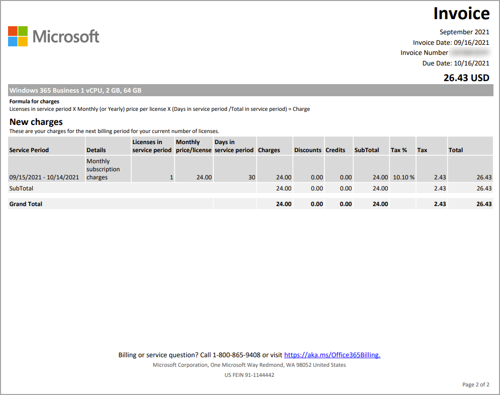 Page two of the invoice .PDF that shows billing activity for each subscription.