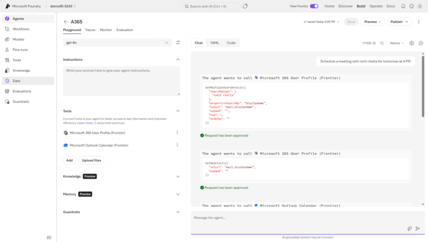 Shows A365 chat playground page in Microsoft Foundry