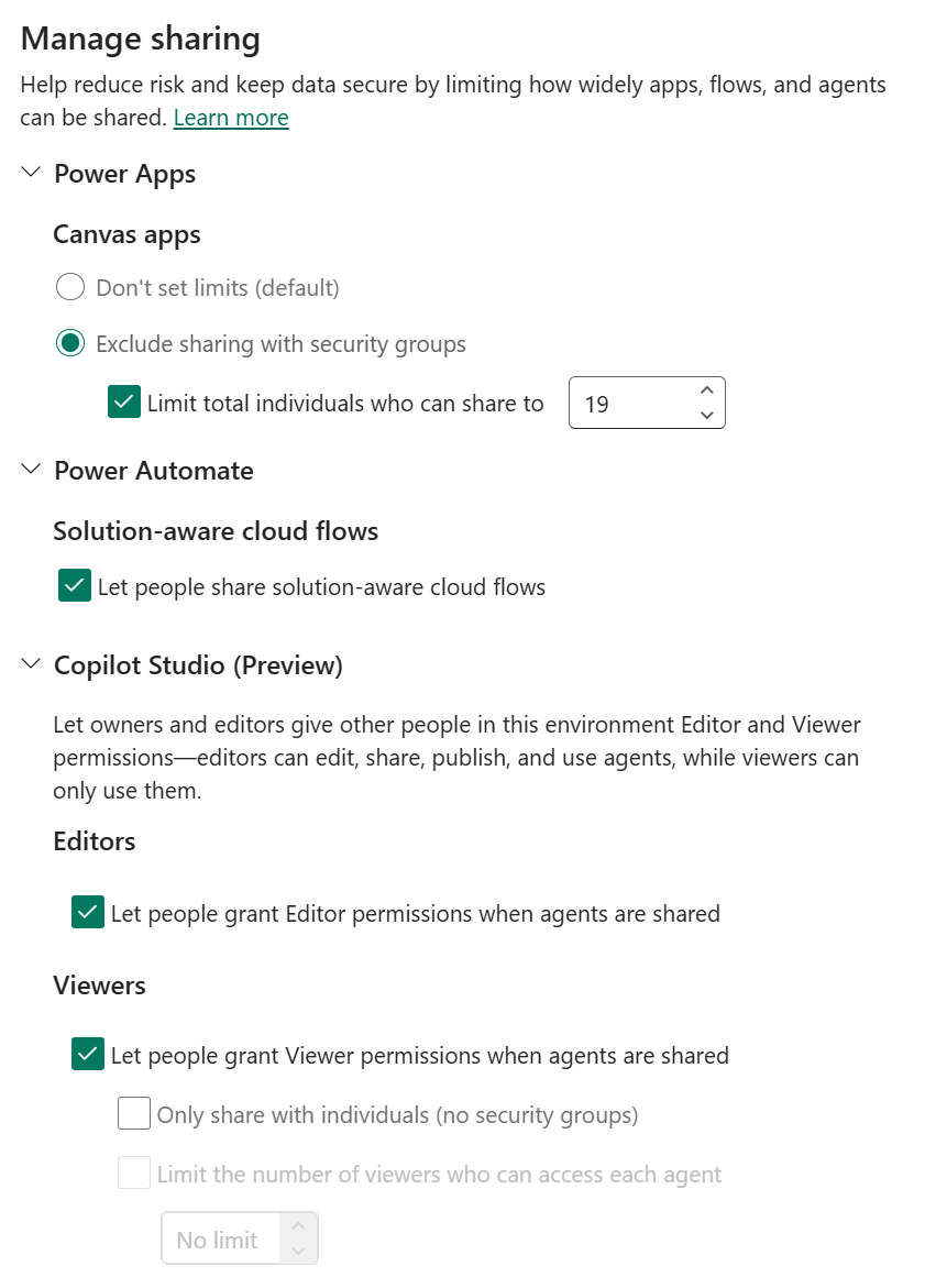 Sharing limits for Copilot Studio located in a Managed Environment’s control panel.
