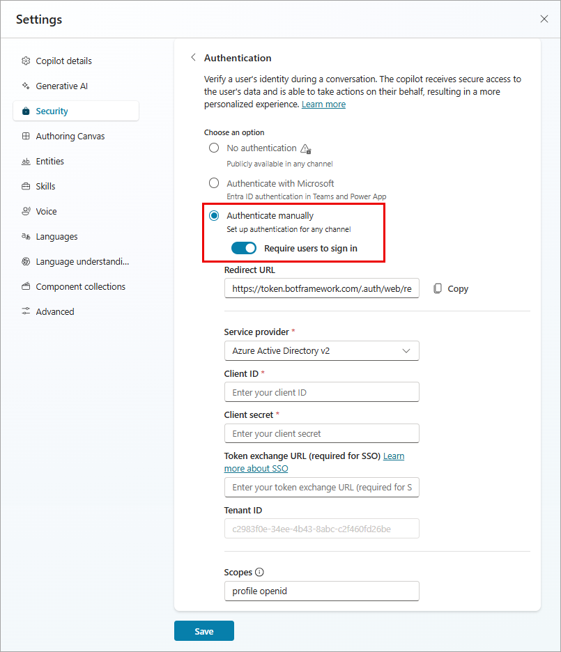 Screenshot of the Microsoft Copilot Studio Authentication page with Require users to sign in selected and highlighted.