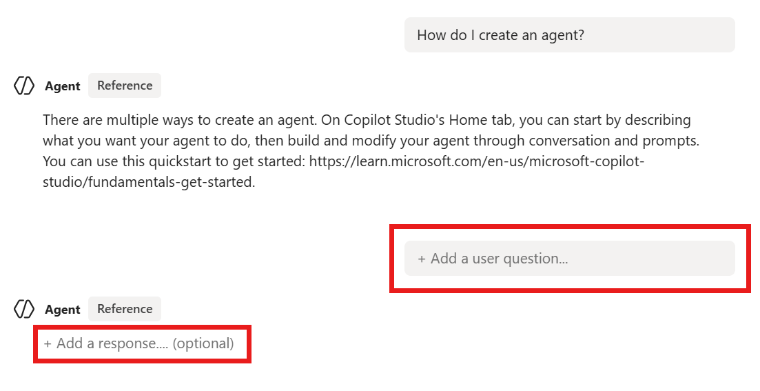 A screenshot showing the add user question and agent response selectable fields.