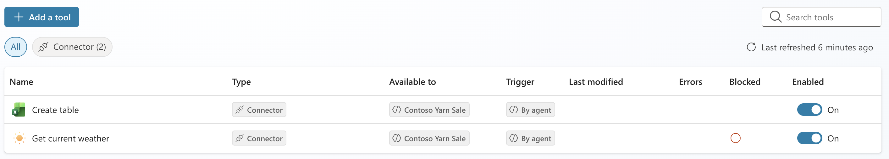 Screenshot of Copilot Studio blocked connector in Tools page.