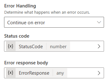 Screenshot of the 'HTTP Request properties' panel for an 'HTTP Request' node showing the error handling configuration, to continue on error. Variables for the status code and error response body are selected.