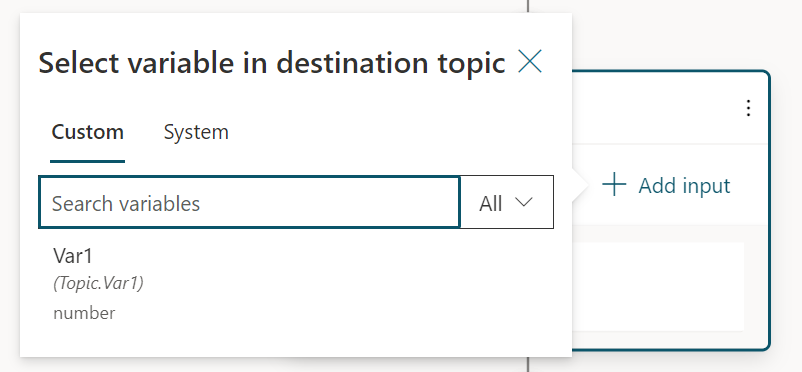 Screenshot of the authoring canvas showing selecting the variable in the redirected topic.