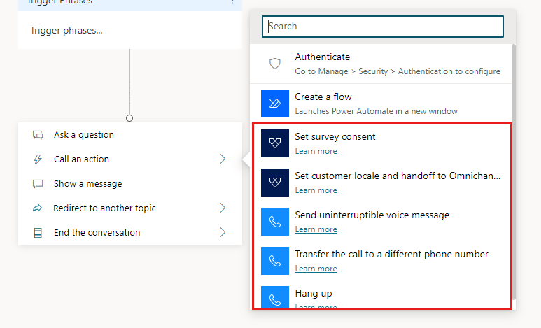 List of voice-related actions that can be added to a node in Microsoft Copilot Studio.