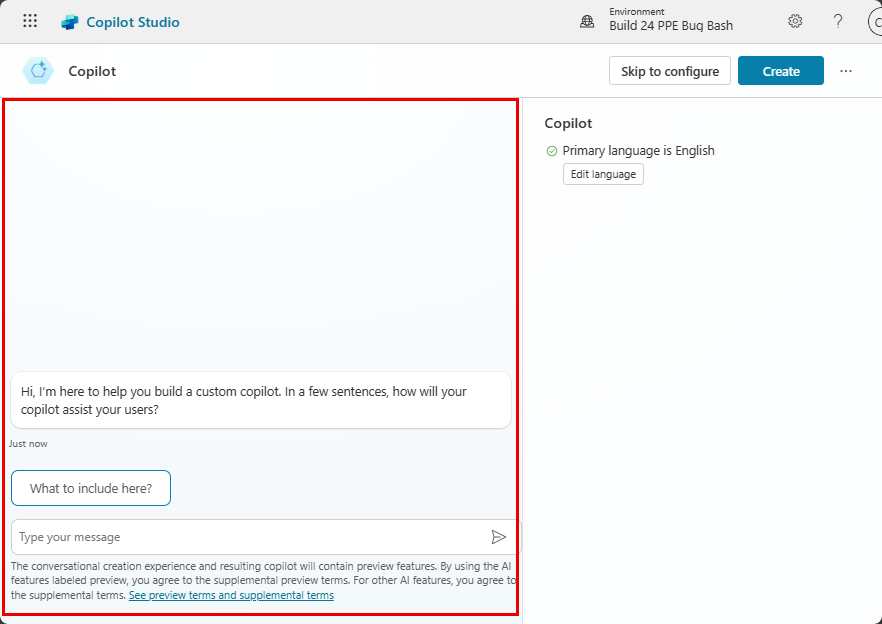 Screenshot of the copilot creation page with emphasis on conversational builder.
