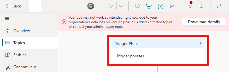 Screenshot that shows where to select the Trigger Phrases box.