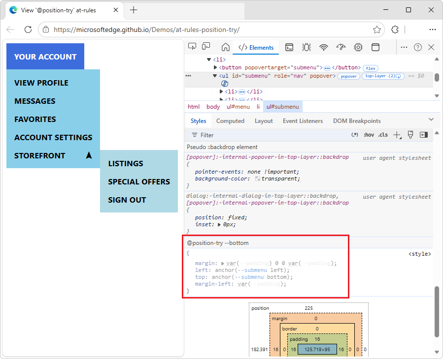 The at-position-try section in the Styles tab