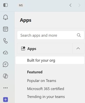 Screenshot of custom apps in Teams store in the Teams desktop app.