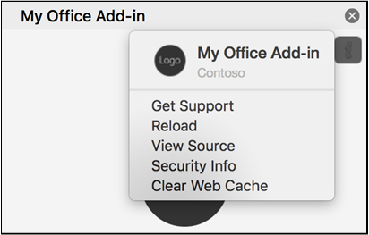 The 'Clear web cache' option on the personality menu of an add-in's task pane.