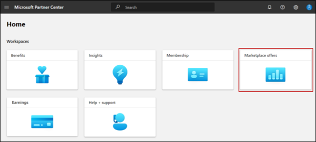 Screenshot of Partner Center Home, with the Marketplace offers tile selected.