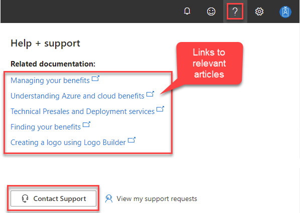 Screenshot showing the Help + support panel in Partner Center