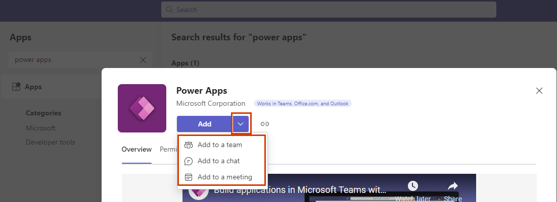 Captură de ecran a paginii Power Apps aplicației din Teams, cu butonul Adăugare și opțiuni de adăugare evidențiate.