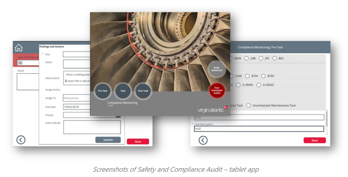 Capturi de ecran ale aplicației de audit Virgin Atlantic pentru siguranță și audit.