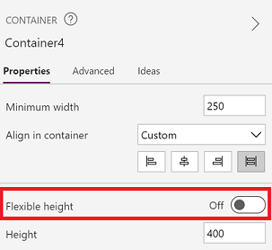 Proprietatea de înălțime flexibilă dezactivată pentru container.