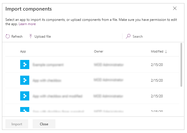 Caseta de dialog Import componente.