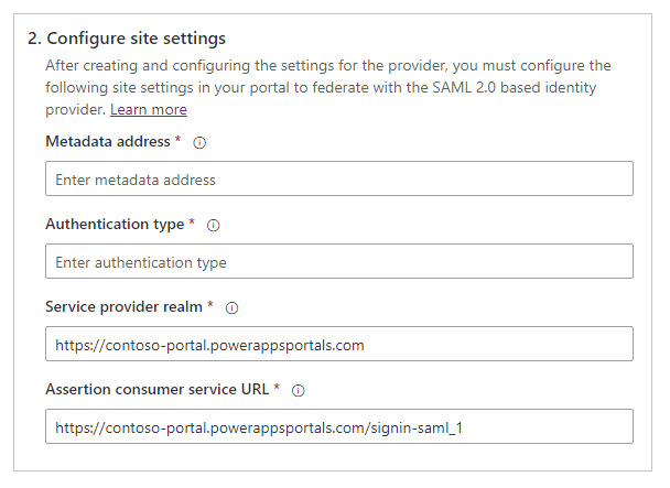 Configurați setările de site SAML 2.0.