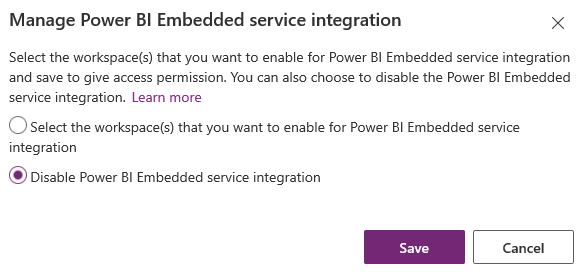 Dezactivați serviciul Power BI Embedded.