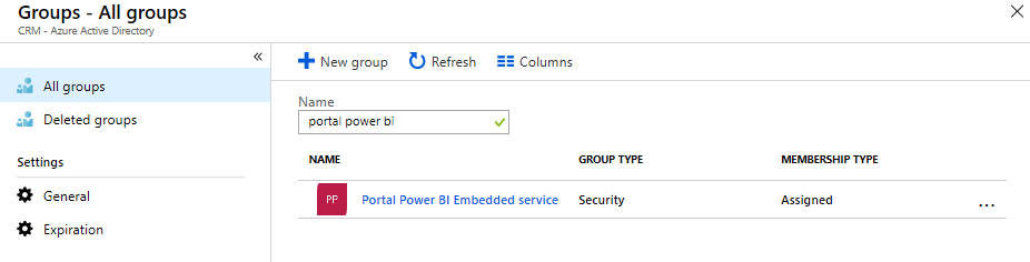 Căutați și selectați grupul de securitate pentru serviciul Power BI Embedded.