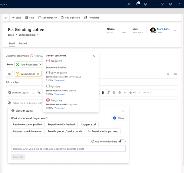 Cardul de sentimente al clientului care arată cronologia sentimentelor prin emailuri.