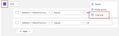 O captură de ecran a editorului de filtre din vizualizare, care arată opțiunea de anulare a grupării unui grup de condiții.