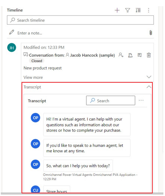 Vizualizarea transcrierii conversației.