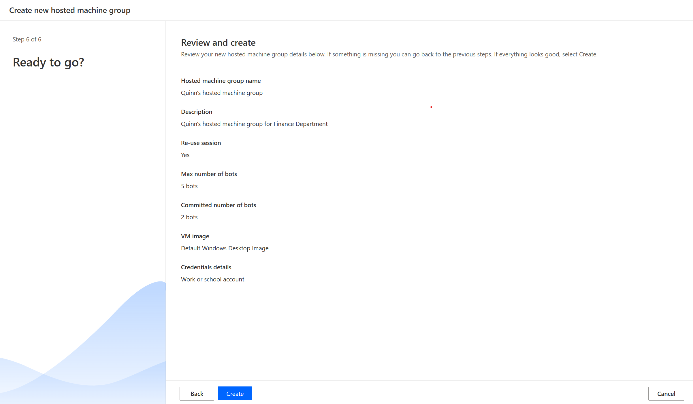 Captură de ecran a expertului de creare a grupului de mașini găzduit.