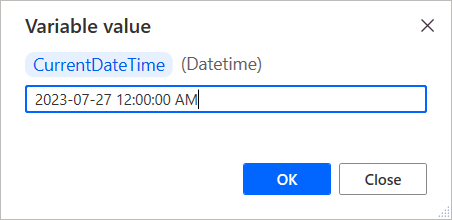 Captură de ecran a variabilei datetime în curs de modificare în vizualizatorul de variabile.