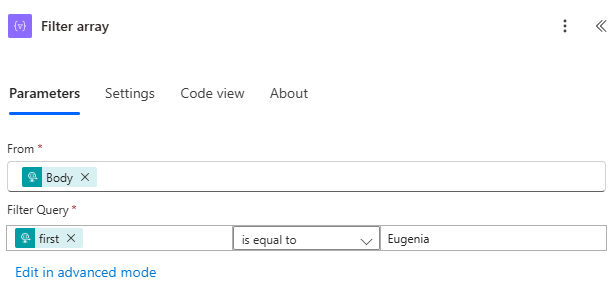 Captură de ecran din secțiunea De la, prima linie este setată la Corp. Pe a doua linie, prima este setată egală cu Eugenia.