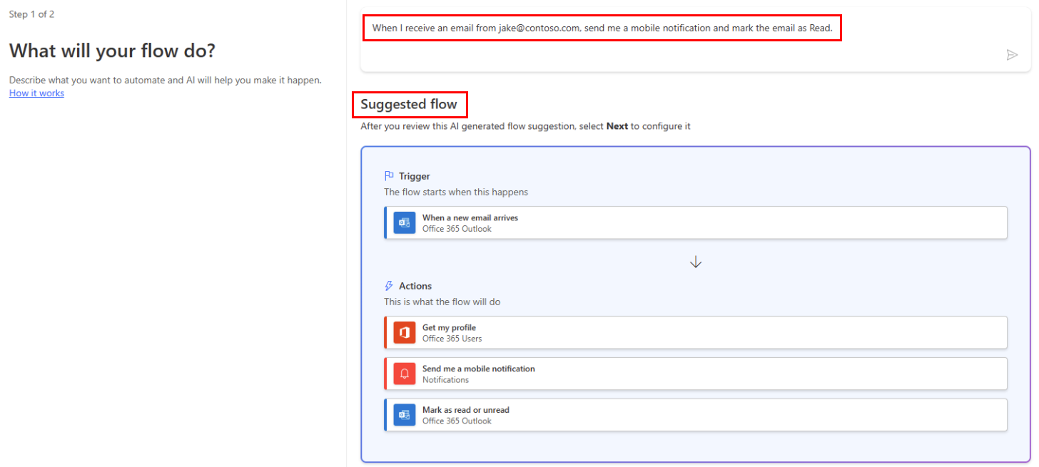 Captură de ecran cu declanșarea unui flux pentru cloud pe baza expeditorului unui e-mail în Copilot.