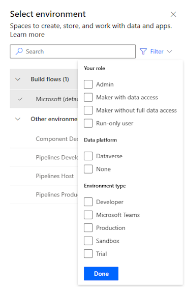 Selector de mediu pentru a filtra și selecta un mediu.